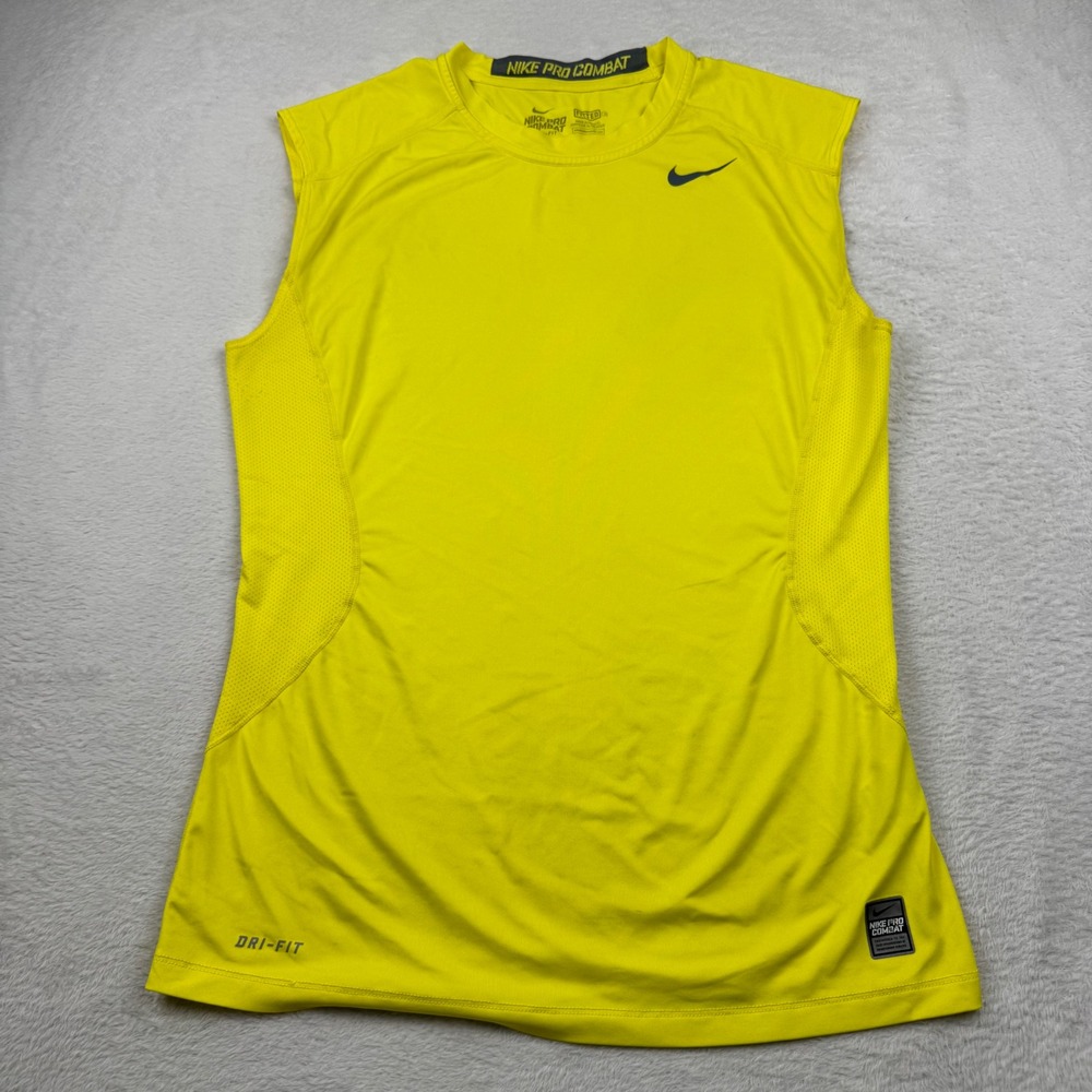 Nike Pro Combat Sleeveless Shirt Mens M Neon Yellow Dri-FIT Fitted Training Top